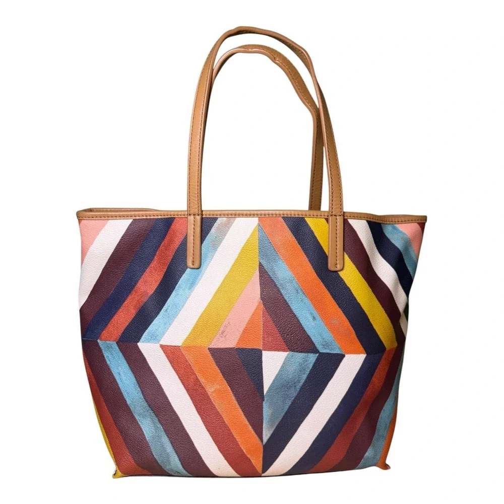 Tory Burch Kerrington Square Tote Multi Color Diamond Stripe Coated Canvas Bag